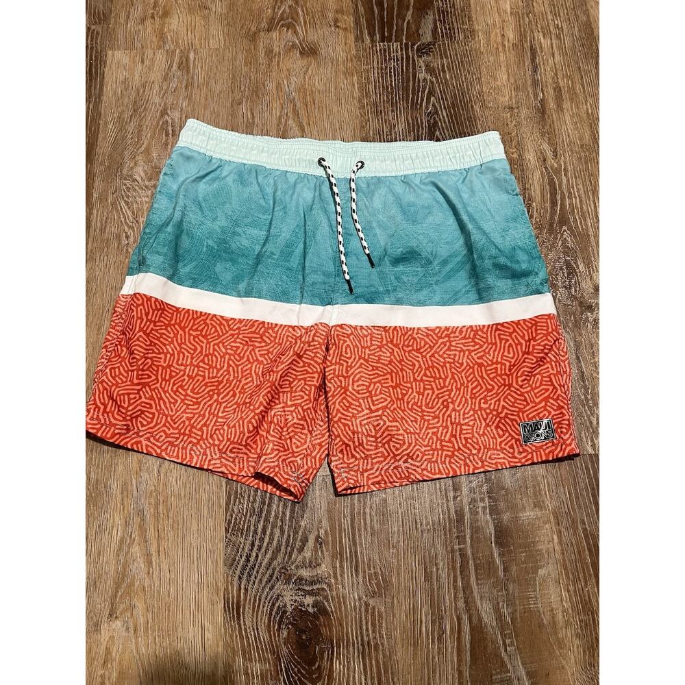 Maui and Sons Men's Swim Shorts Geometric Blue Red White Size L Pockets Lined